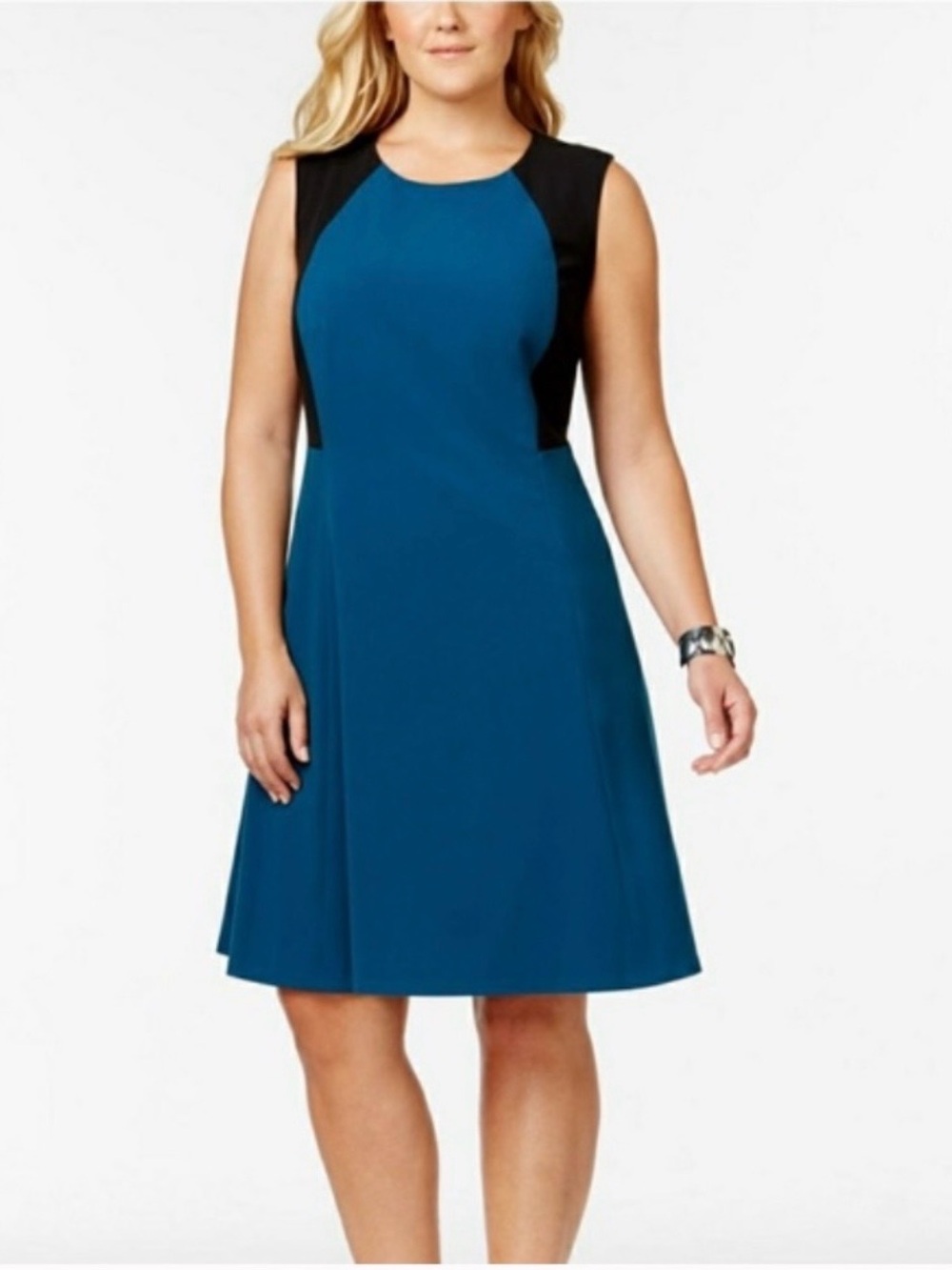 Nine West Teal Sleeveless A-Line Dress with Black Panels